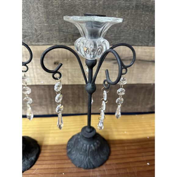 Wrought Iron Scroll Candle Holders Glass Ornate Decorative Prisms Set Of 2 - Picture 5 of 9